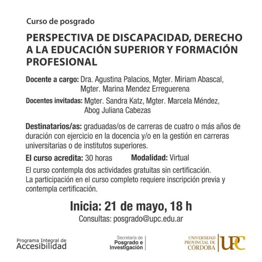 Curso de posgrado: Perspectiva de discapacidad, derecho a la educación superior y formación profesional –  Inicia: 21/05/21